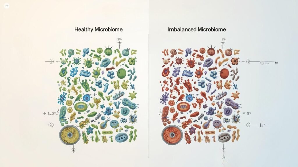 Visual comparison of a diverse, healthy microbiome with an imbalanced microbiome showing reduced diversity